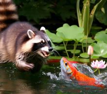 Racoon chasing koi in a pond