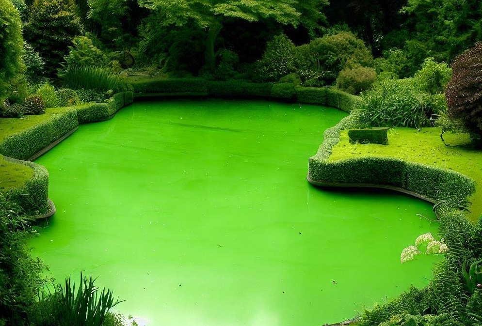 Koi pond with green water